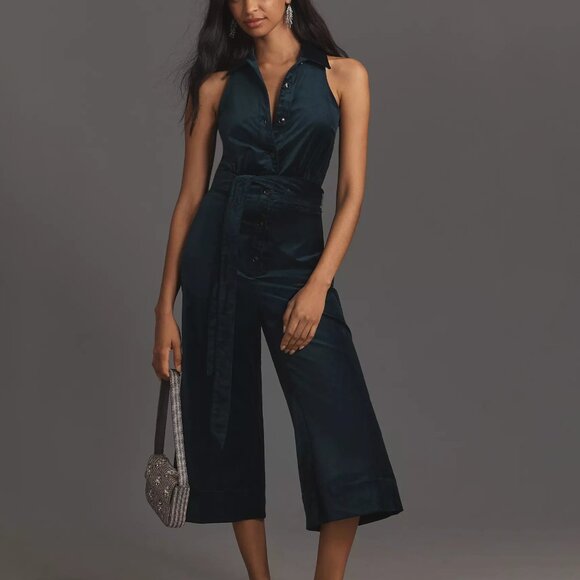Anthropologie Maeve Velvet Halter Crop Jumpsuit